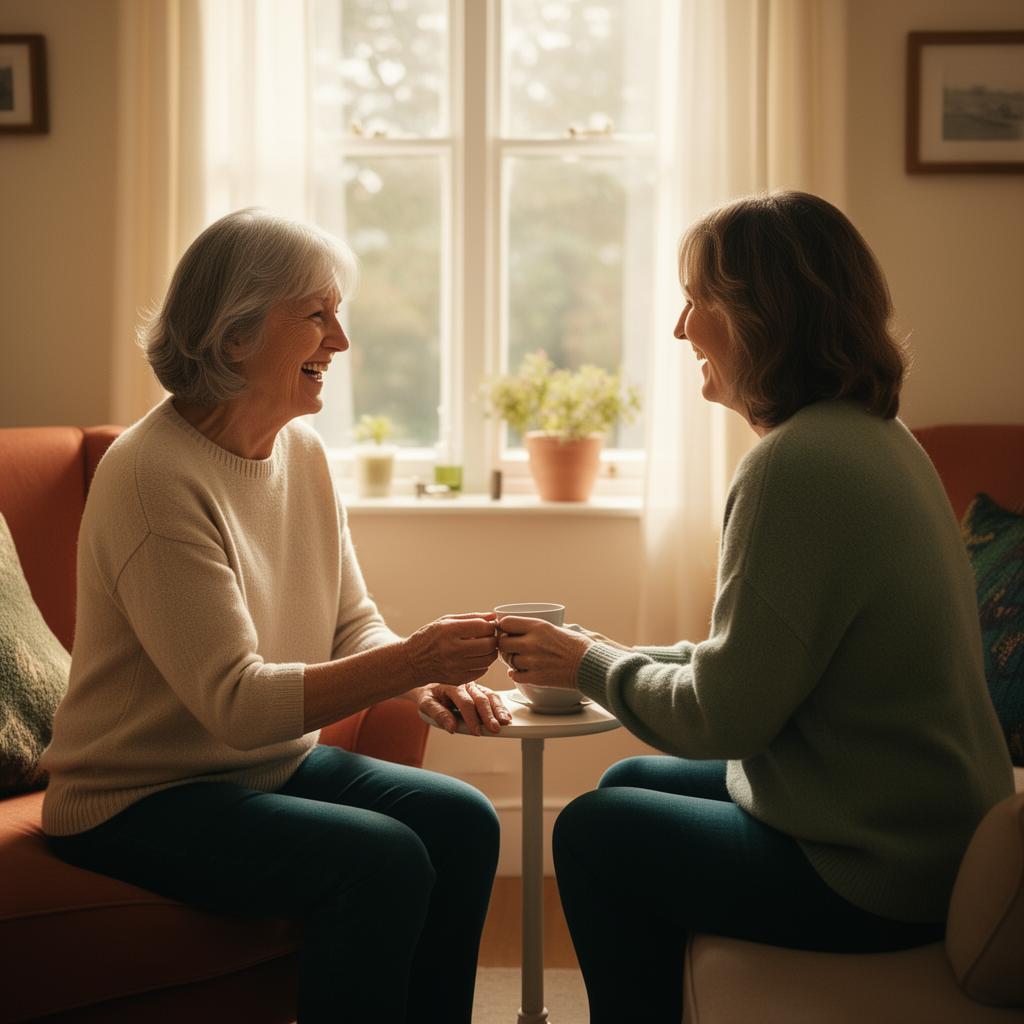 A senior and her companion sharing tea in a sunlit room